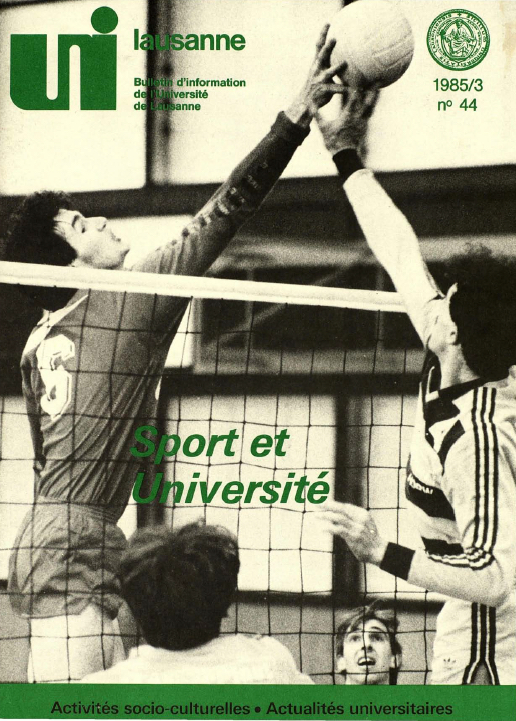 En 1985, le Bulletin d’information de l’Université de Lausanne consacre un dossier au thème « Sport et Université » © Archives du Service du Sport Universitaire, Fonds « Claude Bucher »