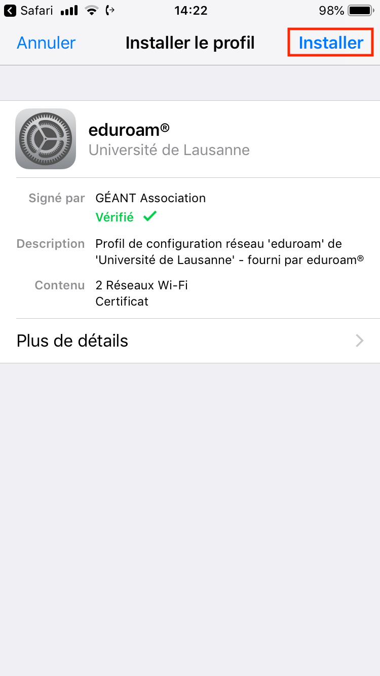 iOS eduroamCAT - installer le profil