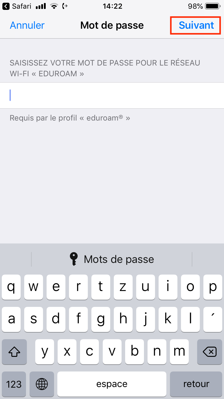 iOS eduroamCAT mot de passe