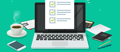Checklist document in laptop and working desk vector. Cartoon computer with checkmarks document or to do list with checkboxes, concept of survey. Online quiz or done test, feedback or workplace table